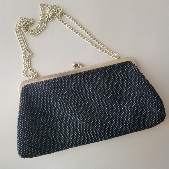 Vintage Beaded Black Clutch Bag Silver Chain Strap ~ 1960? ~ Made in Hong Kong - Picture 5 of 16